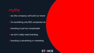 myths
+ we (the company) will build our brand
+ it’s something only BIG companies do
+ branding is just too complicated
+ we don’t really need branding
+ branding is advertising or marketing
 