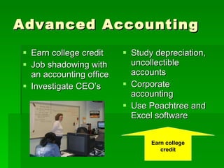 Advanced Accounting Earn college credit  Job shadowing with an accounting office Investigate CEO’s Study depreciation, uncollectible accounts Corporate accounting Use Peachtree and Excel software Earn college credit 