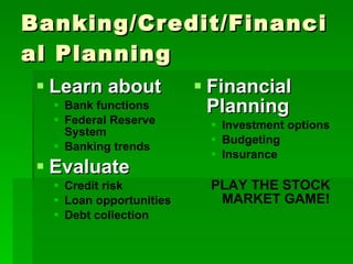 Banking/Credit/Financial Planning Learn about Bank functions Federal Reserve System Banking trends Evaluate Credit risk Loan opportunities Debt collection Financial Planning Investment options Budgeting Insurance PLAY THE STOCK MARKET GAME! 
