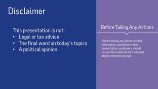 Copyright © 2019 ADP, LLC. ADP Confidential. 2
ADP is committed to assisting businesses with
increased compliance requirements resulting from
rapidly evolving legislation. Our goal is to help
minimize your administrative burden across the
entire spectrum of employment-related payroll,
tax, HR and benefits, so that you can focus on
running your business. This information is
provided as a courtesy to assist in your
understanding of the impact of certain regulatory
requirements and should not be construed as tax
or legal advice.
Such information is by nature subject to revision
and may not be the most current information
available. ADP encourages you to consult with
appropriate legal and/or tax advisors.
Important Note –
This document is NOT designed to address any
client or prospect inquiries regarding Covid-19, or
ADP’s Preparedness.
For client inquiries, please visit the ADP website or
contact your HR Business Partner
Disclaimers
 