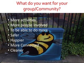 What do you want for your
group/Community?
• More activities
• More people involved
• To be able to do more
• Safer
• Happier
• More Connected
• Cleaner
 