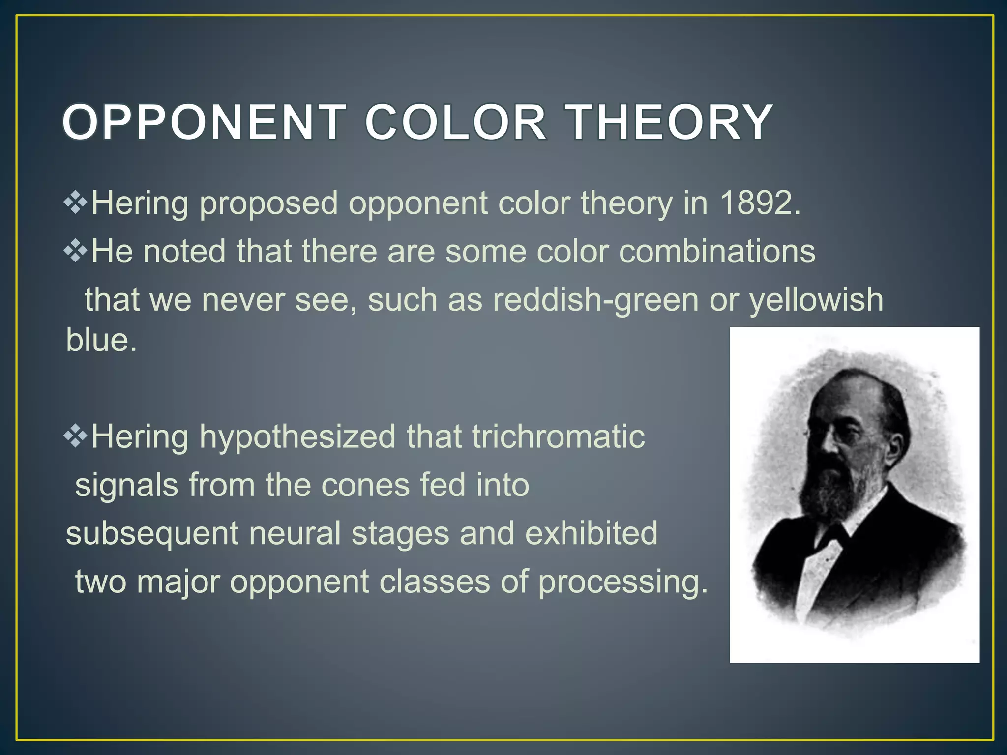 Hering proposed opponent color theory in 1892.
He noted that there are some color combinations
that we never see, such as reddish-green or yellowish
blue.
Hering hypothesized that trichromatic
signals from the cones fed into
subsequent neural stages and exhibited
two major opponent classes of processing.
 