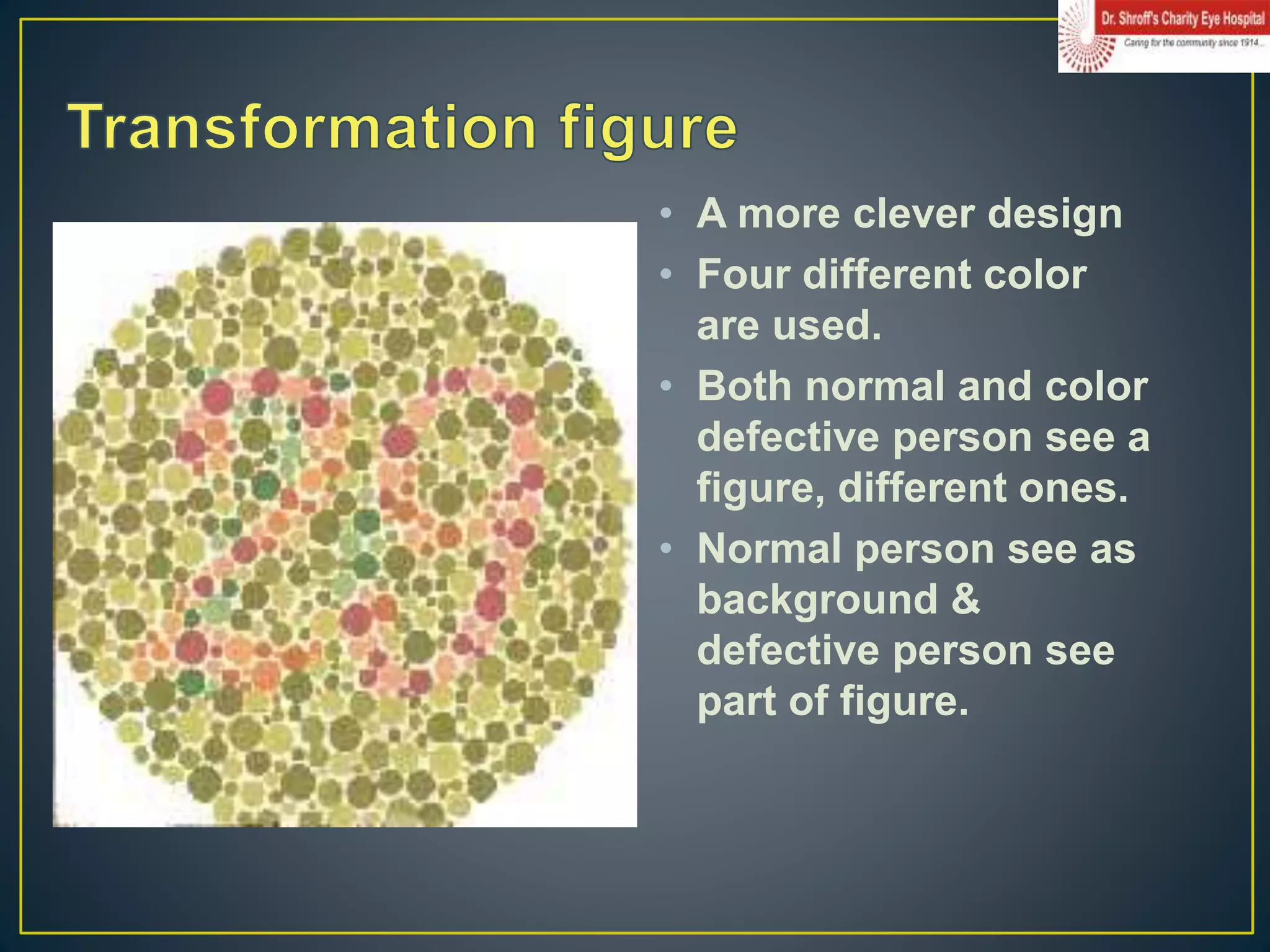 • A more clever design
• Four different color
are used.
• Both normal and color
defective person see a
figure, different ones.
• Normal person see as
background &
defective person see
part of figure.
 
