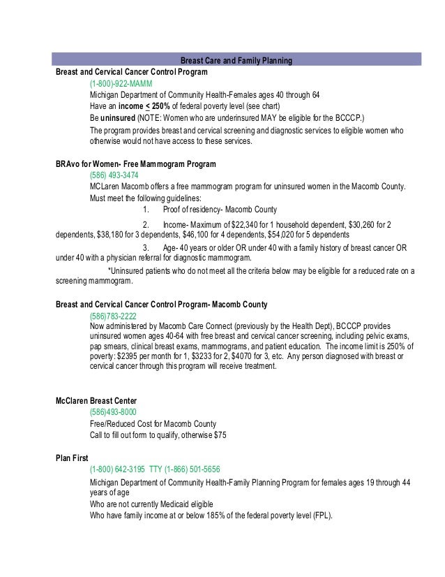 Breast Care and Family Planning
Breast and Cervical Cancer Control Program
(1-800)-922-MAMM
Michigan Department of Communi...