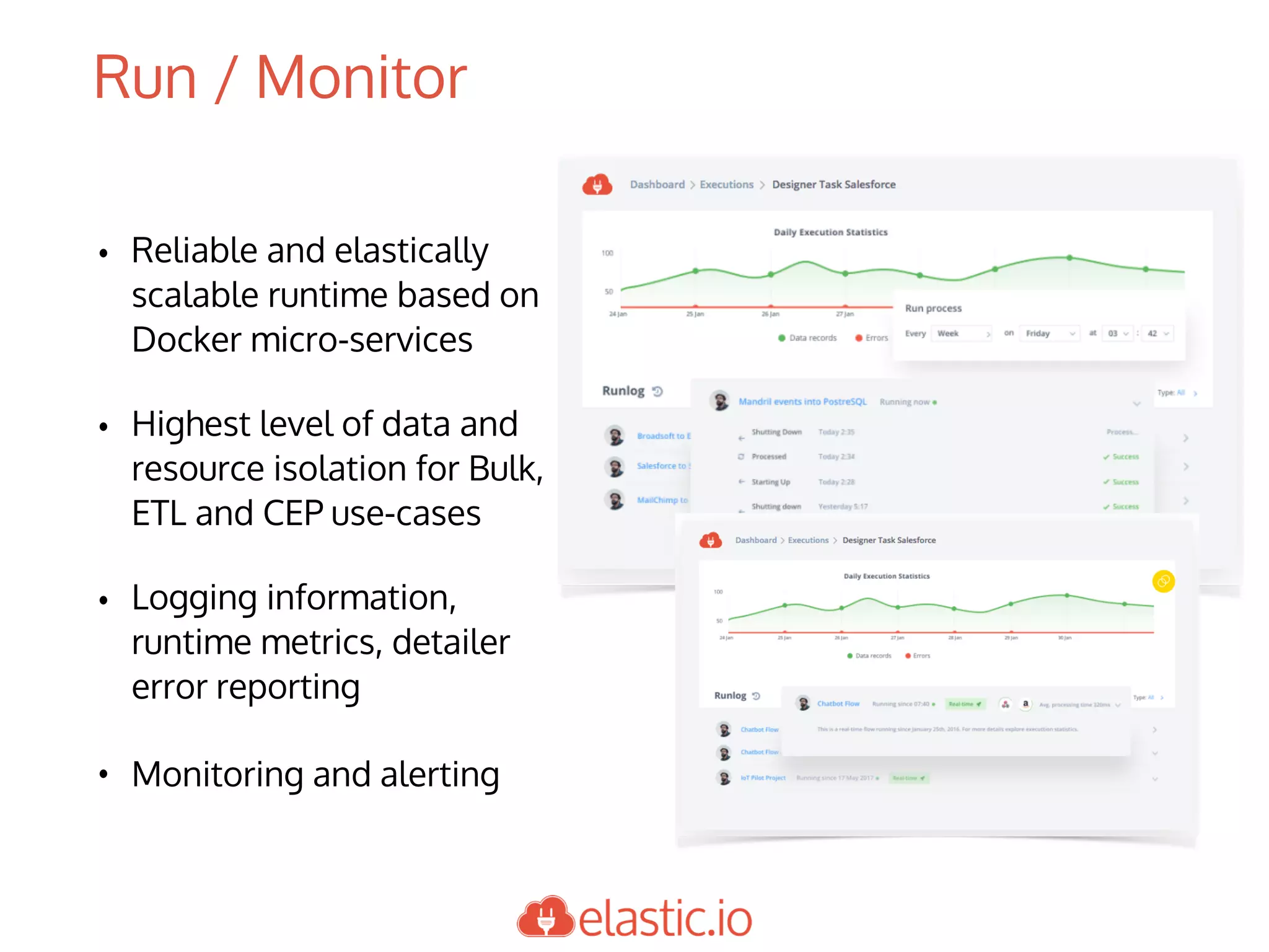 • Reliable and elastically
scalable runtime based on
Docker micro-services
• Highest level of data and
resource isolation for Bulk,
ETL and CEP use-cases
• Logging information,
runtime metrics, detailer
error reporting
• Monitoring and alerting
Run / Monitor
 
