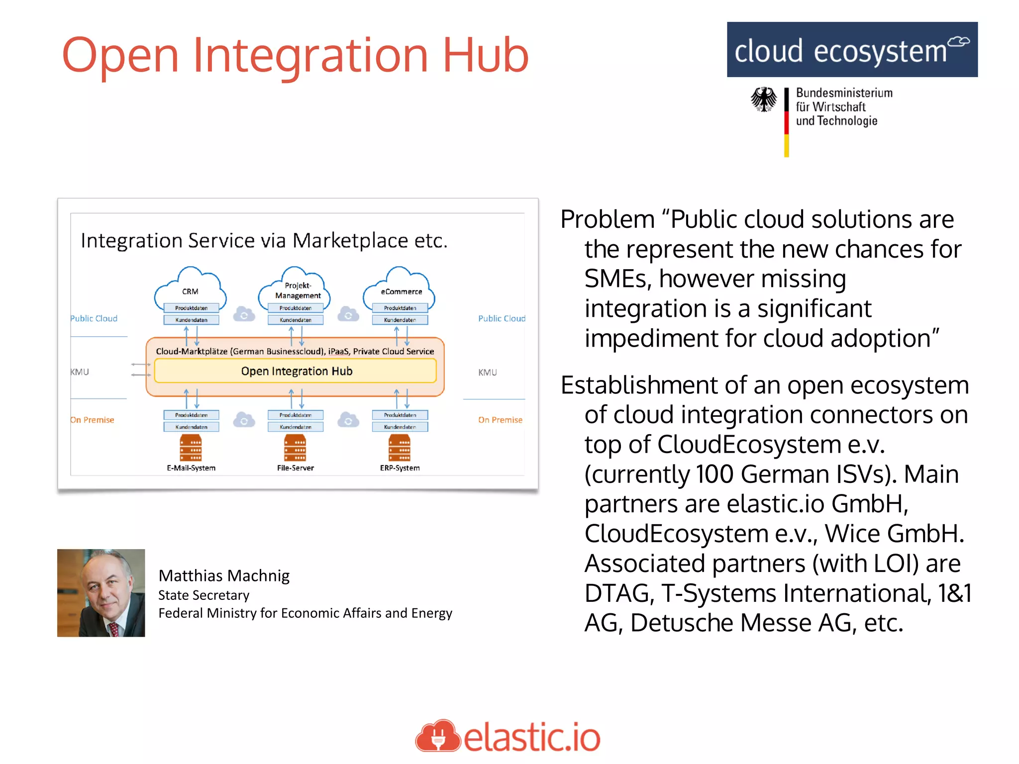 Open Integration Hub
Problem “Public cloud solutions are
the represent the new chances for
SMEs, however missing
integration is a significant
impediment for cloud adoption”
Establishment of an open ecosystem
of cloud integration connectors on
top of CloudEcosystem e.v.
(currently 100 German ISVs). Main
partners are elastic.io GmbH,
CloudEcosystem e.v., Wice GmbH.
Associated partners (with LOI) are
DTAG, T-Systems International, 1&1
AG, Detusche Messe AG, etc.
Matthias	Machnig
State	Secretary
Federal	Ministry	for	Economic	Affairs	and	Energy
 