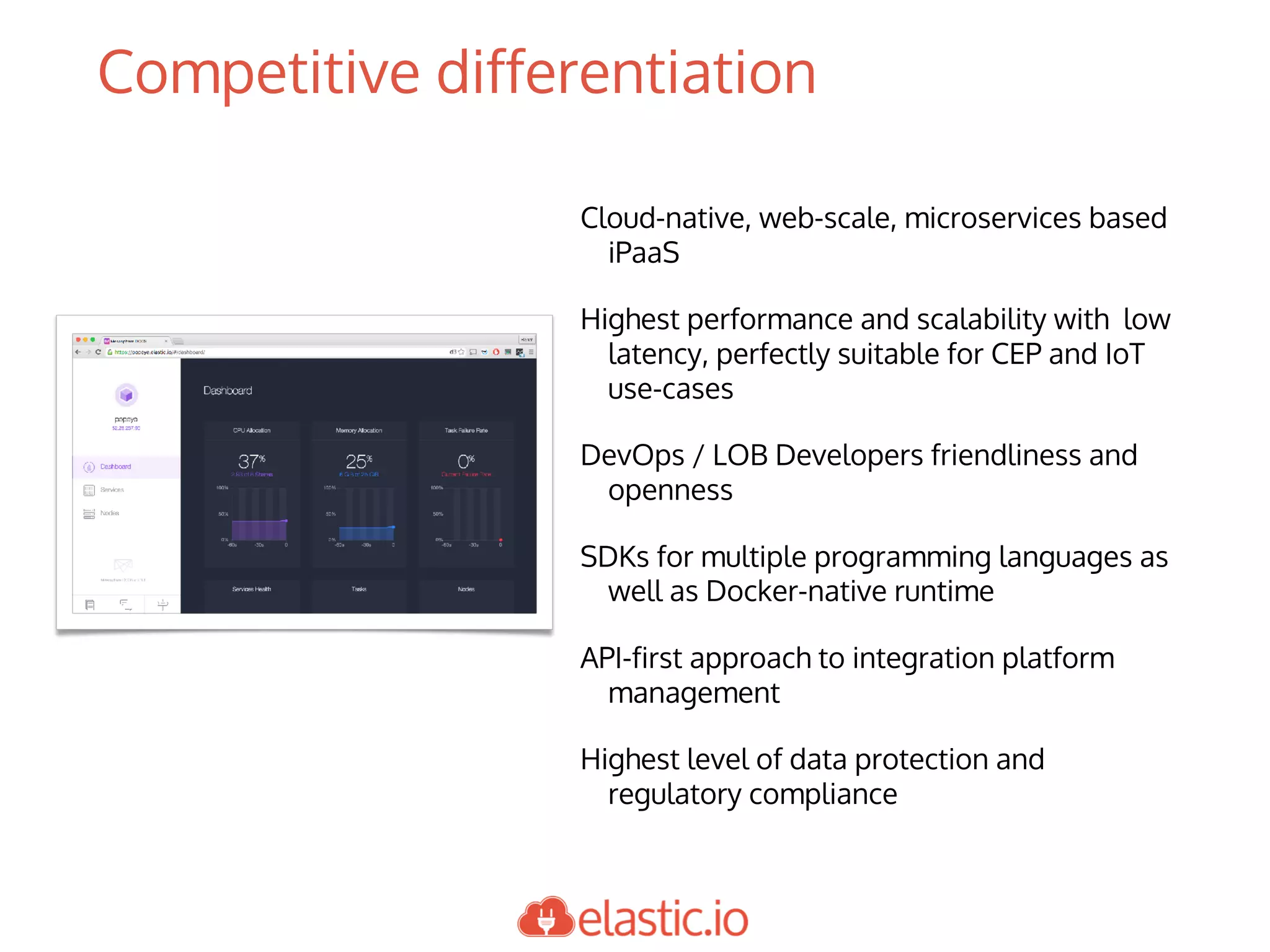 Competitive differentiation
Cloud-native, web-scale, microservices based
iPaaS
Highest performance and scalability with low
latency, perfectly suitable for CEP and IoT
use-cases
DevOps / LOB Developers friendliness and
openness
SDKs for multiple programming languages as
well as Docker-native runtime
API-first approach to integration platform
management
Highest level of data protection and
regulatory compliance
 