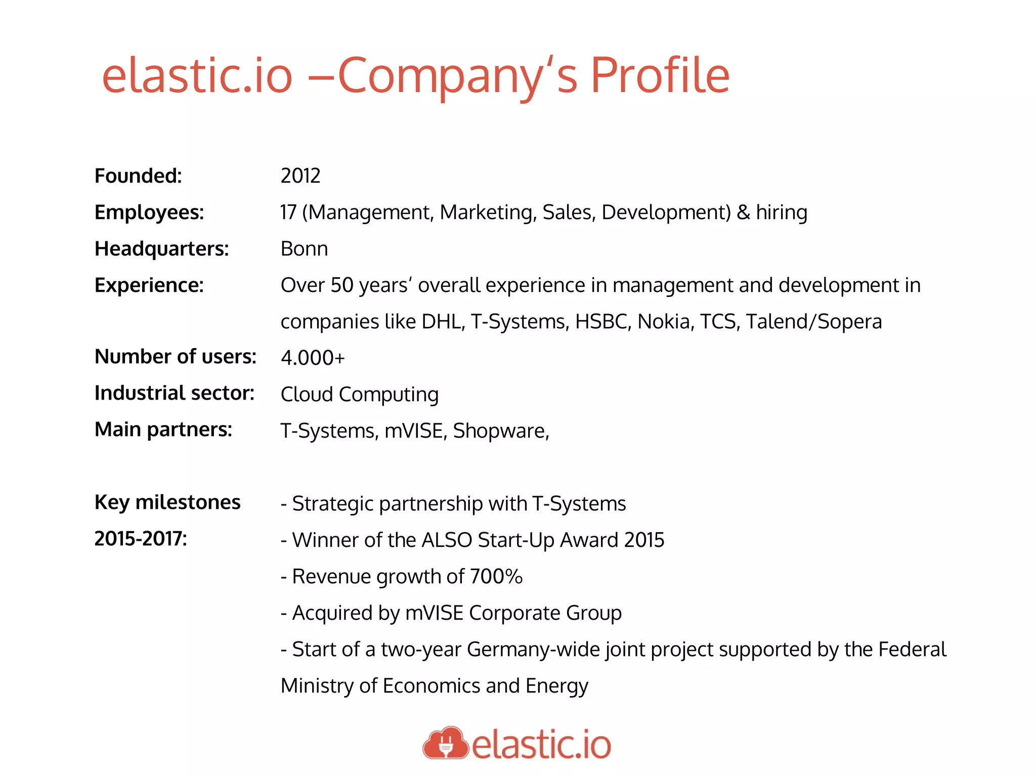 elastic.io –Company‘s Profile
2012
17 (Management, Marketing, Sales, Development) & hiring
Bonn
Over 50 years‘ overall experience in management and development in
companies like DHL, T-Systems, HSBC, Nokia, TCS, Talend/Sopera
4.000+
Cloud Computing
T-Systems, mVISE, Shopware,
- Strategic partnership with T-Systems
- Winner of the ALSO Start-Up Award 2015
- Revenue growth of 700%
- Acquired by mVISE Corporate Group
- Start of a two-year Germany-wide joint project supported by the Federal
Ministry of Economics and Energy
Founded:
Employees:
Headquarters:
Experience:
Number of users:
Industrial sector:
Main partners:
Key milestones
2015-2017:
 