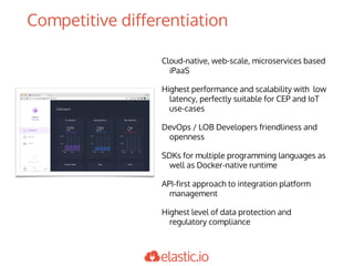Competitive differentiation
Cloud-native, web-scale, microservices based
iPaaS
Highest performance and scalability with low
latency, perfectly suitable for CEP and IoT
use-cases
DevOps / LOB Developers friendliness and
openness
SDKs for multiple programming languages as
well as Docker-native runtime
API-first approach to integration platform
management
Highest level of data protection and
regulatory compliance
 
