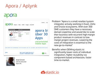 Apora / Aplynk
Problem “Apora is a small reseller/system
integrator actively working in Exact, Zoho
and Oracle ecosystems. With over 350
SME customers they have a necessary
domain expertise and would like to scale
their business with recurrent high-margin
product revenues in contrast to low-
margin project revenues. Lowering the
costs of integration is essential to the
new go-to-market”
Benefits when OEMing elastic.io:
significantly lower costs of individual
integration, higher reusability via
component-based architecture, faster
time-to-market.Aniel	Sriram
CEO	&	Cofounder
Apora	NL
 