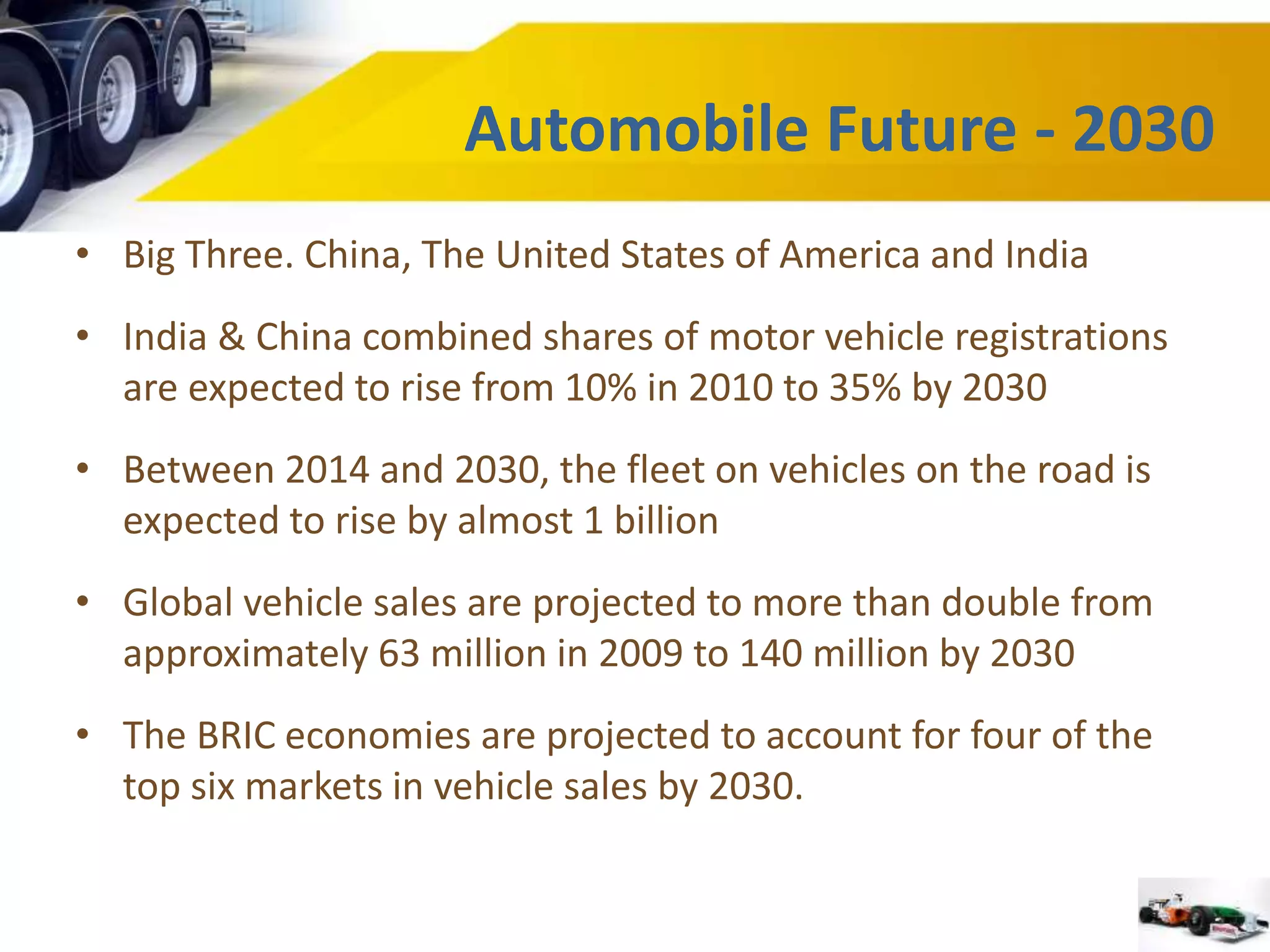 Automobile Future - 2030 
• Big Three. China, The United States of America and India 
• India & China combined shares of motor vehicle registrations 
are expected to rise from 10% in 2010 to 35% by 2030 
• Between 2014 and 2030, the fleet on vehicles on the road is 
expected to rise by almost 1 billion 
• Global vehicle sales are projected to more than double from 
approximately 63 million in 2009 to 140 million by 2030 
• The BRIC economies are projected to account for four of the 
top six markets in vehicle sales by 2030. 
 