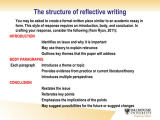 The structure of reflective writing You may be asked to create a formal written piece similar to an academic essay in form. This style of response requires an introduction, body, and conclusion. In crafting your response, consider the following (from Ryan, 2011): INTRODUCTION Identifies an issue and why it is important May use theory to explain relevance Outlines key themes that the paper will address BODY PARAGRAPHS  Each paragraph  Introduces a theme or topic Provides evidence from practice or current literature/theory Introduces multiple perspectives CONCLUSION Restates the issue Reiterates key points Emphasizes the implications of the points May suggest possibilities for the future or suggest changes 