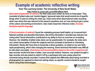 Example of academic reflective writing from The Learning Center, The University of New South Wales  http://www.lc.unsw.edu.au/onlib/reflect.html  (Description/explanation of method)  The field notes were written by hand on lined paper. They consisted of jotted notes and ‘mental triggers’ (personal notes that would remind me of specific things when it came to writing the notes up). I took some direct observational notes recording what I saw where this was relevant to the research questions and, as I was aiming to get a sense of the culture and working environment, I also made researcher inference notes.  (Includes discipline-specific language) (Critical evaluation of method)  I found the notetaking process itself helpful, as it ensured that I listened carefully and decoded information. Not all the information I recorded was relevant, but noting what I found informative contributed to my ability to form an overview on re-reading. However, the reliability of jotted notes alone can be questionable. For example, the notes were not a direct transcription of what the subjects said but consisted of pertinent or interesting information. Rarely did I have time to transcribe a direct quotation, so relied on my own fairly rapid paraphrasing, which risks changing the meaning. Some technical information was difficult to note down accurately.  (Conclusion and recommendation based on the writer’s experience)  A tape recorder would have been a better, more accurate method. However, one student brought a tape recorder and was asked to switch it off by a participant who was uneasy about her comments being directly recorded. It seems that subjects feel differently about being recorded or photographed (as opposed to observers taking notes), so specific consent should be sought before using these technologies. 