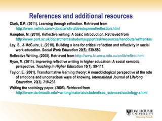 References and additional resources Clark, D.R. (2011). Learning through reflection. Retrieved from  http://www.nwlink.com/~donclark/hrd/development/reflection.html Hampton, M. (2010). Reflective writing: A basic introduction. Retrieved from  http://www.port.ac.uk/departments/studentsupport/ask/resources/handouts/writtenassignments/filetodownload,73259,en.pdf Lay, S., & McGuire, L. (2010). Building a lens for critical reflection and reflexivity in social work education.  Social Work Education 29 (5), 539-550. Reflective Writing. (2008). Retrieved from  http://www.lc.unsw.edu.au/onlib/reflect.html Ryan, M. (2011). Improving reflective writing in higher education: A social semiotic perspective.  Teaching in Higher Education 16 (1), 99-111. Taylor, E. (2001). Transformative learning theory: A neurobiological perspective of the role of emotions and unconscious ways of knowing.  International Journal of Lifelong Education, 20 (3), 218-236. Writing the sociology paper. (2005). Retrieved from  http://www.dartmouth.edu/~writing/materials/student/soc_sciences/sociology.shtml 