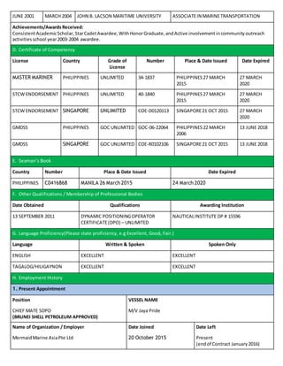 JUNE 2001 MARCH 2004 JOHN B. LACSON MARITIME UNIVERSITY ASSOCIATEIN MARINETRANSPORTATION
Achievements/Awards Received:
ConsistentAcademicScholar, StarCadetAwardee, WithHonorGraduate, andActive involvementincommunity outreach
activities school year2003-2004 awardee.
D. Certificate of Competency
License Country Grade of
License
Number Place & Date Issued Date Expired
MASTER MARINER PHILIPPINES UNLIMITED 34-1837 PHILIPPINES 27 MARCH
2015
27 MARCH
2020
STCW ENDORSEMENT PHILIPPINES UNLIMITED 40-1840 PHILIPPINES 27 MARCH
2015
27 MARCH
2020
STCW ENDORSEMENT SINGAPORE UNLIMITED COE-D0120113 SINGAPORE21 OCT 2015 27 MARCH
2020
GMDSS PHILIPPINES GOC UNLIMITED GOC-06-22064 PHILIPPINES 22 MARCH
2006
13 JUNE 2018
GMDSS SINGAPORE GOC UNLIMITED COE-R0102106 SINGAPORE21 OCT 2015 13 JUNE 2018
E. Seaman’s Book
Country Number Place & Date Issued Date Expired
PHILIPPINES C0416868 MANILA 26 March 2015 24 March 2020
F. Other Qualifications / Membership of Professional Bodies
Date Obtained Qualifications Awarding Institution
13 SEPTEMBER 2011 DYNAMIC POSITIONINGOPERATOR
CERTIFICATE(DPO) – UNLIMITED
NAUTICALINSTITUTE DP # 15596
G. Language Proficiency(Please state proficiency, e.g Excellent, Good, Fair.)
Language Written & Spoken Spoken Only
ENGLISH EXCELLENT EXCELLENT
TAGALOG/HILIGAYNON EXCELLENT EXCELLENT
H. Employment History
1. Present Appointment
Position VESSEL NAME
CHIEF MATE SDPO
(BRUNEI SHELL PETROLEUM APPROVED)
M/V Jaya Pride
Name of Organization / Employer Date Joined Date Left
MermaidMarine AsiaPte Ltd 20 October 2015 Present
(endof Contract January 2016)
 