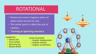 ROTATIONAL
• Rotational motion happens when an
object spins around an axis.
• The center point is called the axis of
rotation.
• “Turning or spinning around a
center”
EXAMPLES:
• Electric fan
• Ferris wheel
• Spinning top
• Bicycle wheel
Linear Quantities
• Angular displacement
• Angular velocity
• Angular acceleration
 