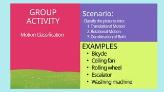 Classifythepicturesinto:
1.TranslationalMotion
2.RotationalMotion
3.CombinationofBoth
• Bicycle
• Ceilingfan
• Rollingwheel
• Escalator
• Washingmachine
GROUP
ACTIVITY
Scenario:
EXAMPLES
MotionClassification
 