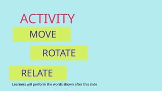 ACTIVITY
MOVE
ROTATE
RELATE
Learners will perform the words shown after this slide
 
