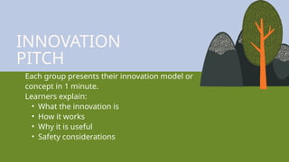 INNOVATION
PITCH
Each group presents their innovation model or
concept in 1 minute.
Learners explain:
• What the innovation is
• How it works
• Why it is useful
• Safety considerations
 