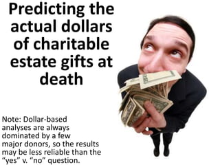 Predicting the
actual dollars
of charitable
estate gifts at
death
Note: Dollar-based
analyses are always
dominated by a few
major donors, so the results
may be less reliable than the
“yes” v. “no” question.
 