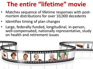 The entire “lifetime” movie
• Matches sequence of lifetime responses with post-
mortem distributions for over 10,000 decedents
• Identifies timing of plan changes
• Large, federally-funded, longitudinal, in-person,
well-compensated, nationally representative, study
on health and retirement issues
 