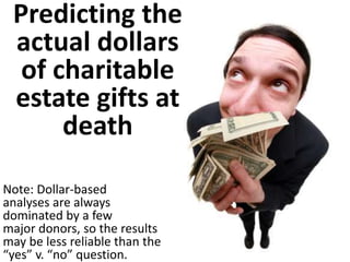 Predicting the
actual dollars
of charitable
estate gifts at
death
Note: Dollar-based
analyses are always
dominated by a few
major donors, so the results
may be less reliable than the
“yes” v. “no” question.
 