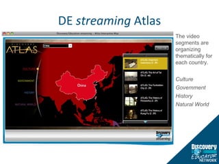 DE  streaming  Atlas The video segments are organizing thematically for each country. Culture Government History Natural World 
