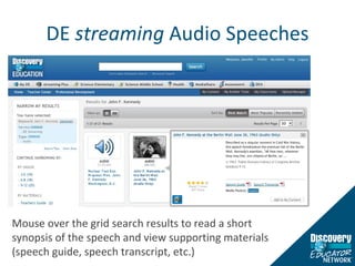 DE  streaming  Audio Speeches Mouse over the grid search results to read a short synopsis of the speech and view supporting materials (speech guide, speech transcript, etc.) 