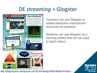 DE  streaming  + Glogster  http://pblgroupone.wikispaces.com/Culminating+Multi-Media+Product   Teachers can use Glogster to create interactive instructional resources for students. Students can use Glogster as a learning artifact that can be used to teach others.  