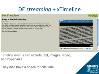 DE  streaming  + xTimeline Timeline events can include text, images, video, and hyperlinks.  They also have a space for citations. 