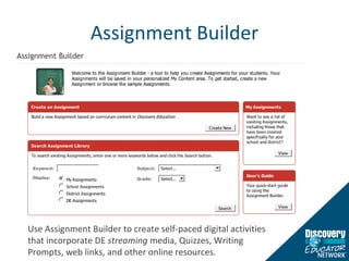 Assignment Builder Use Assignment Builder to create self-paced digital activities that incorporate DE  streaming  media, Quizzes, Writing Prompts, web links, and other online resources.  