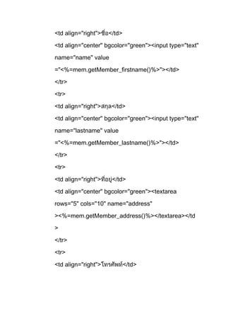 <td align="right"> </td>
<td align="center" bgcolor="green"><input type="text"
name="name" value
="<%=mem.getMember_firstname()%>"></td>
</tr>
<tr>
<td align="right"> </td>
<td align="center" bgcolor="green"><input type="text"
name="lastname" value
="<%=mem.getMember_lastname()%>"></td>
</tr>
<tr>
<td align="right"> </td>
<td align="center" bgcolor="green"><textarea
rows="5" cols="10" name="address"
><%=mem.getMember_address()%></textarea></td
>
</tr>
<tr>
<td align="right"> </td>
 