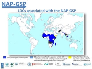 LDCs associated with the NAP-GSP
LDCs which have officially requested to NAP-GSP
– and already received – ongoing one-on-one support
and mobilization for targeted technical assistance
Least Developed Countries (LDCs) LDCs which have officially
requested support, which is
forthcoming from NAP-GSP
 