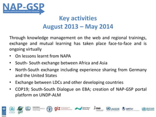 Through knowledge management on the web and regional trainings,
exchange and mutual learning has taken place face-to-face and is
ongoing virtually
• On lessons learnt from NAPA
• South- South exchange between Africa and Asia
• North-South exchange including experience sharing from Germany
and the United States
• Exchange between LDCs and other developing countries
• COP19; South-South Dialogue on EBA; creation of NAP-GSP portal
platform on UNDP-ALM
Key activities
August 2013 – May 2014
 