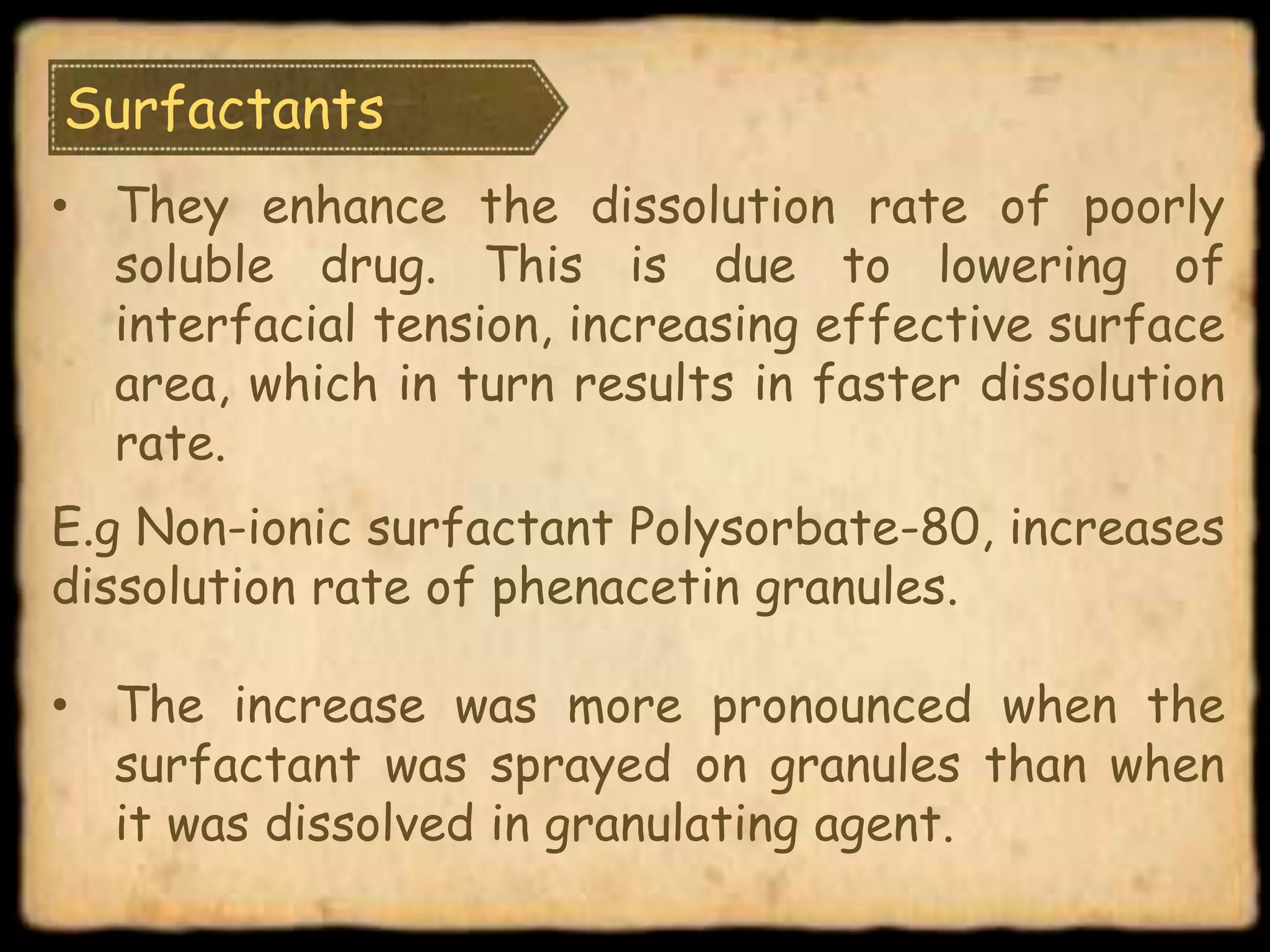 Surfactants
• They enhance the dissolution rate of poorly
soluble drug. This is due to lowering of
interfacial tension, increasing effective surface
area, which in turn results in faster dissolution
rate.
E.g Non-ionic surfactant Polysorbate-80, increases
dissolution rate of phenacetin granules.
• The increase was more pronounced when the
surfactant was sprayed on granules than when
it was dissolved in granulating agent.
 