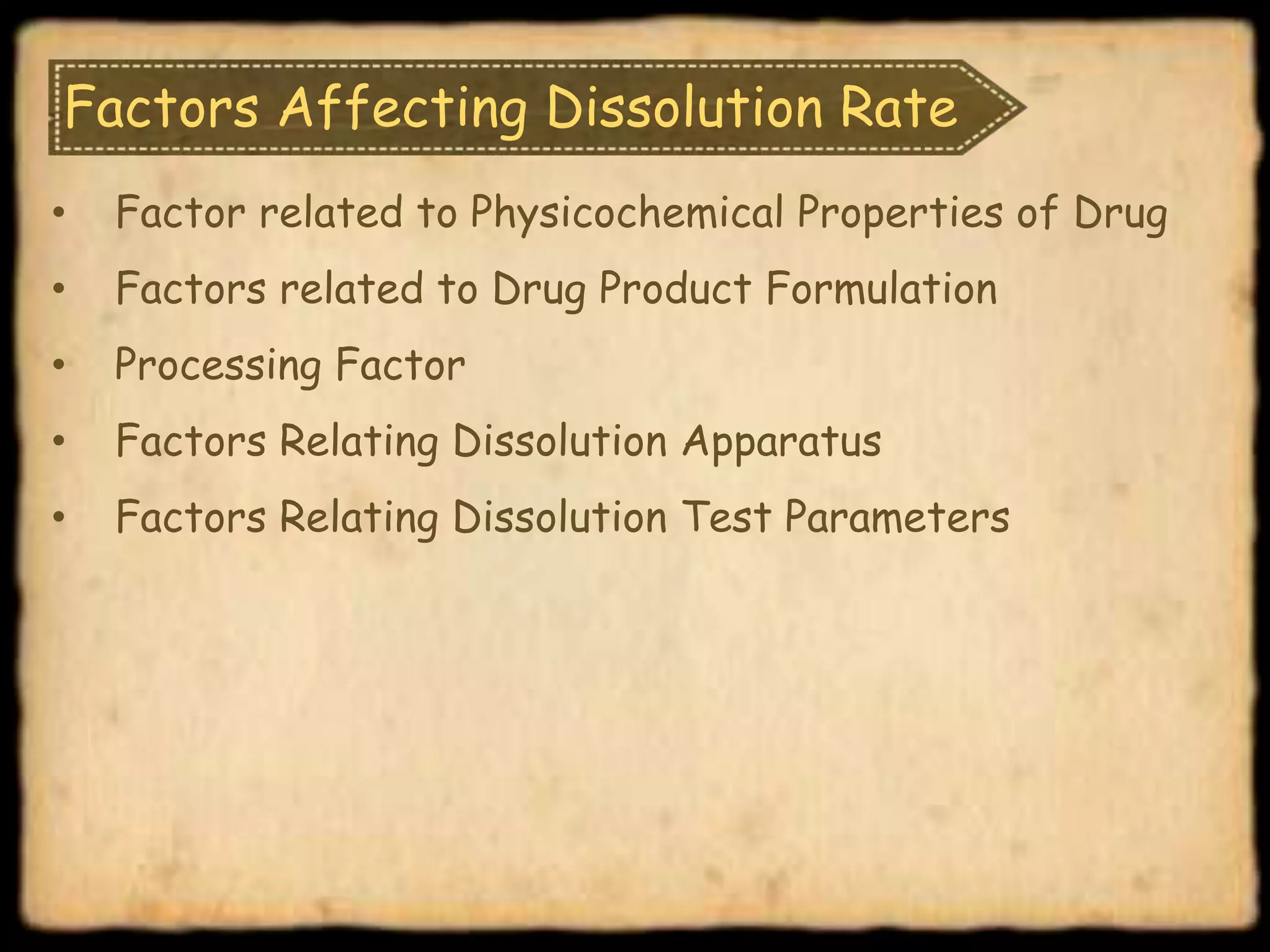 Factors Affecting Dissolution Rate
• Factor related to Physicochemical Properties of Drug
• Factors related to Drug Product Formulation
• Processing Factor
• Factors Relating Dissolution Apparatus
• Factors Relating Dissolution Test Parameters
 