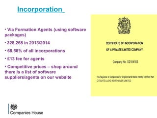 Incorporation
• Via Formation Agents (using software
packages)
• 328,268 in 2013/2014
• 68.58% of all incorporations
• £13 fee for agents
• Competitive prices – shop around
there is a list of software
suppliers/agents on our website
 