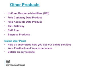Other Products
• Uniform Resource Identifiers (URI)
• Free Company Data Product
• Free Accounts Data Product
• XML Gateway
• DVD Rom
• Bespoke Products
Online User Panel
• Help us understand how you use our online services
• Your Feedback and Your experiences
• Details on our website
 