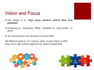 Vision and Focus
 Our Vision is to ‘help every student unlock their true
potential’
 Focusing on Impacting 10000 students in rural sector in
2018
 Our beneficiaries are Students in Rural India
We Want to work on 21st century skills, & since there is 46%
drop out in high school segment we need to tackle that.
 