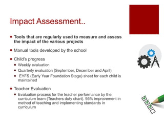 Impact Assessment..
 Tools that are regularly used to measure and assess
the impact of the various projects
 Manual tools developed by the school
 Child’s progress
 Weekly evaluation
 Quarterly evaluation (September, December and April)
 EYFS (Early Year Foundation Stage) sheet for each child is
maintained
 Teacher Evaluation
 Evaluation process for the teacher performance by the
curriculum team (Teachers duty chart). 95% improvement in
method of teaching and implementing standards in
curriculum
 