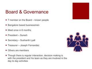Board & Governance
 7 member on the Board – known people
 Bangalore based businessmen
 Meet once in 6 months
 President – Suresh
 Secretary – Sushanth Lyall
 Treasurer – Joseph Fernandez
 Others are members
 Though there is regular interaction, decision making is
with the president and his team as they are involved in the
day to day activities
 