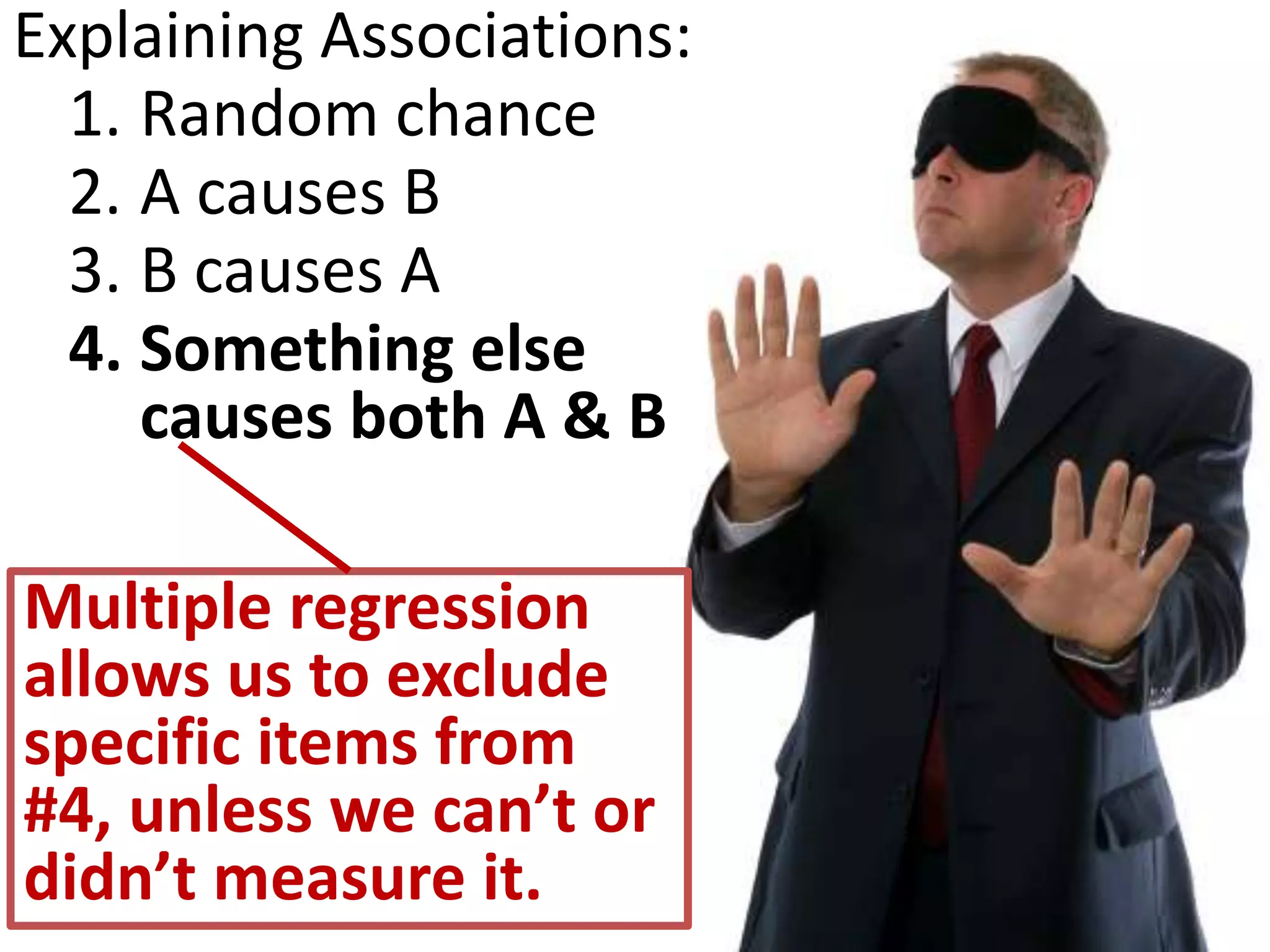 Explaining Associations:
  1. Random chance
  2. A causes B
  3. B causes A
  4. Something else
     causes both A & B

Multiple regression
allows us to exclude
specific items from
#4, unless we can’t or
didn’t measure it.
 