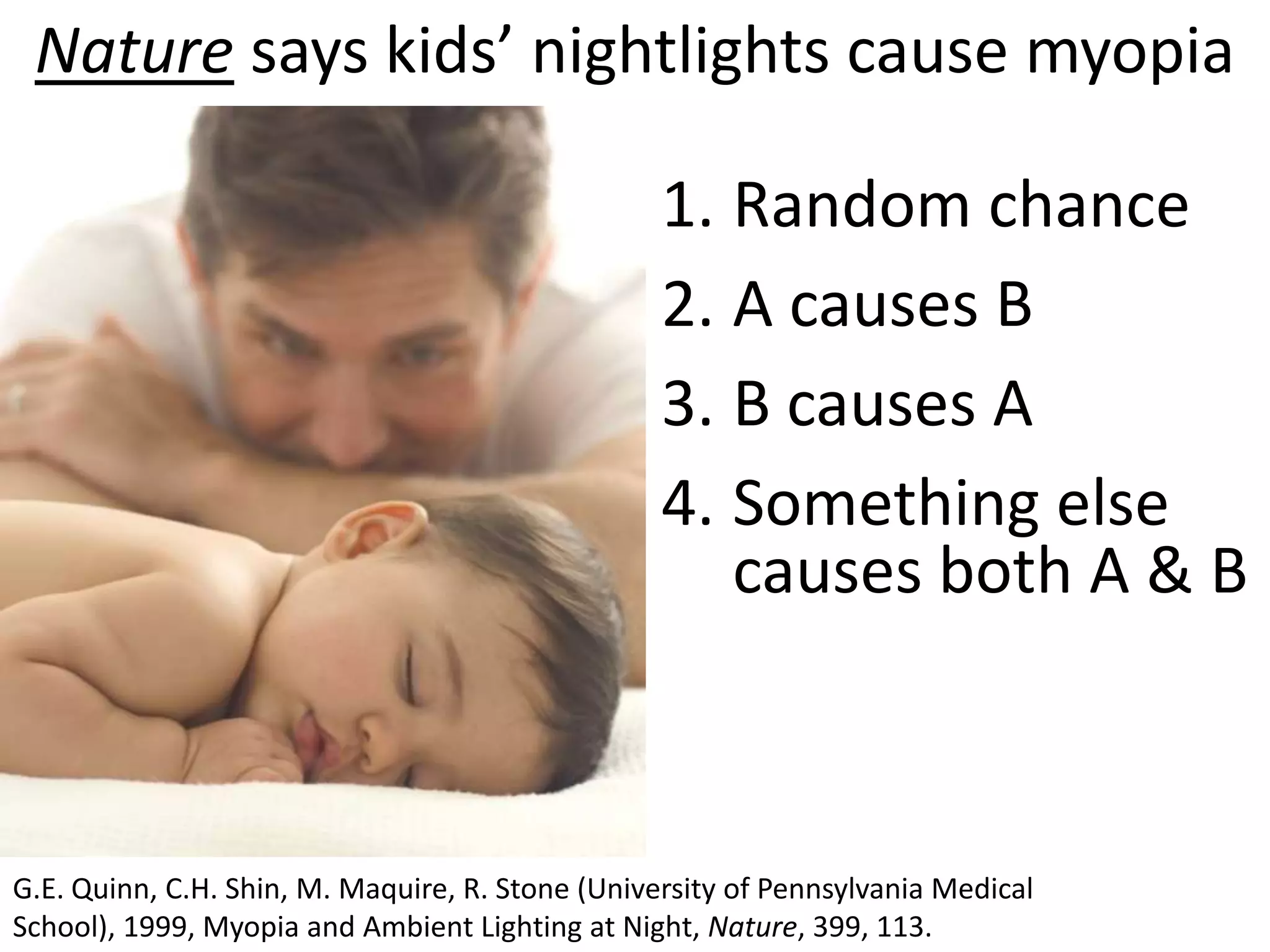 Nature says kids’ nightlights cause myopia

                                                  1. Random chance
                                                  2. A causes B
                                                  3. B causes A
                                                  4. Something else
                                                     causes both A & B



G.E. Quinn, C.H. Shin, M. Maquire, R. Stone (University of Pennsylvania Medical School), 1999,
Myopia and Ambient Lighting at Night, Nature, 399, 113.
 