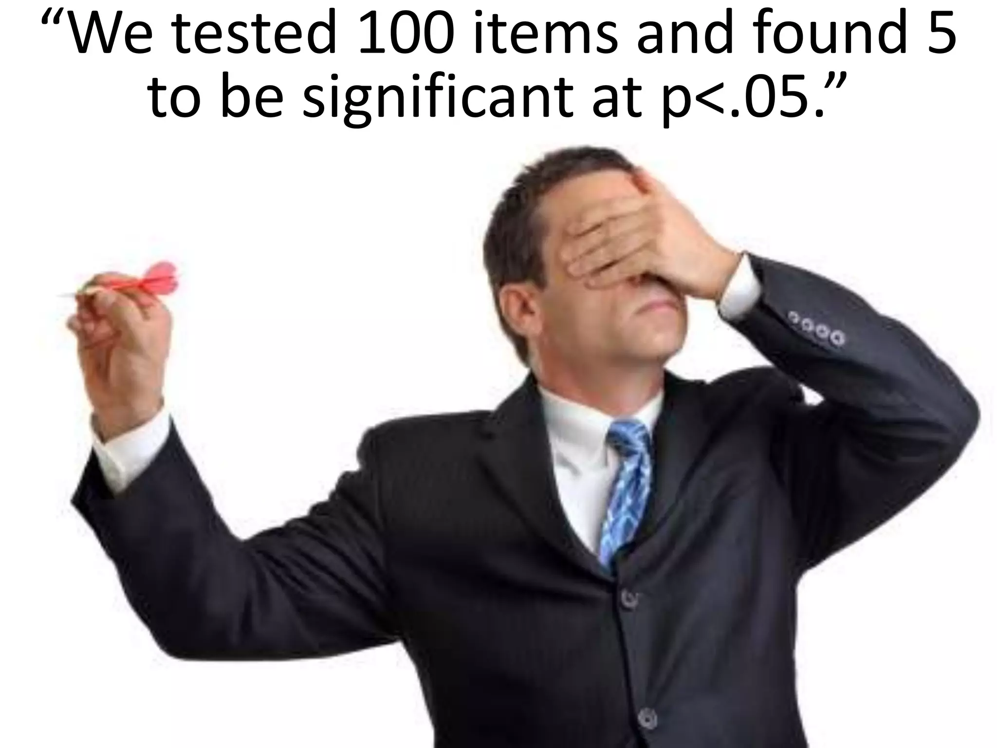 “We tested 100 items and found 5
   to be significant at p<.05.”
 