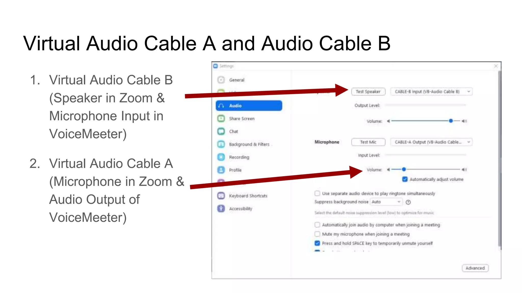Virtual Audio Cable A and Audio Cable B
1. Virtual Audio Cable B
(Speaker in Zoom &
Microphone Input in
VoiceMeeter)
2. Virtual Audio Cable A
(Microphone in Zoom &
Audio Output of
VoiceMeeter)
 