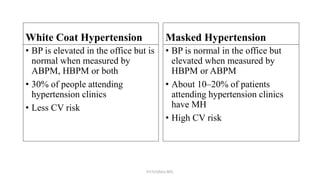White Coat Hypertension
• BP is elevated in the office but is
normal when measured by
ABPM, HBPM or both
• 30% of people attending
hypertension clinics
• Less CV risk
Masked Hypertension
• BP is normal in the office but
elevated when measured by
HBPM or ABPM
• About 10–20% of patients
attending hypertension clinics
have MH
• High CV risk
NYN/DMA/BPL
 