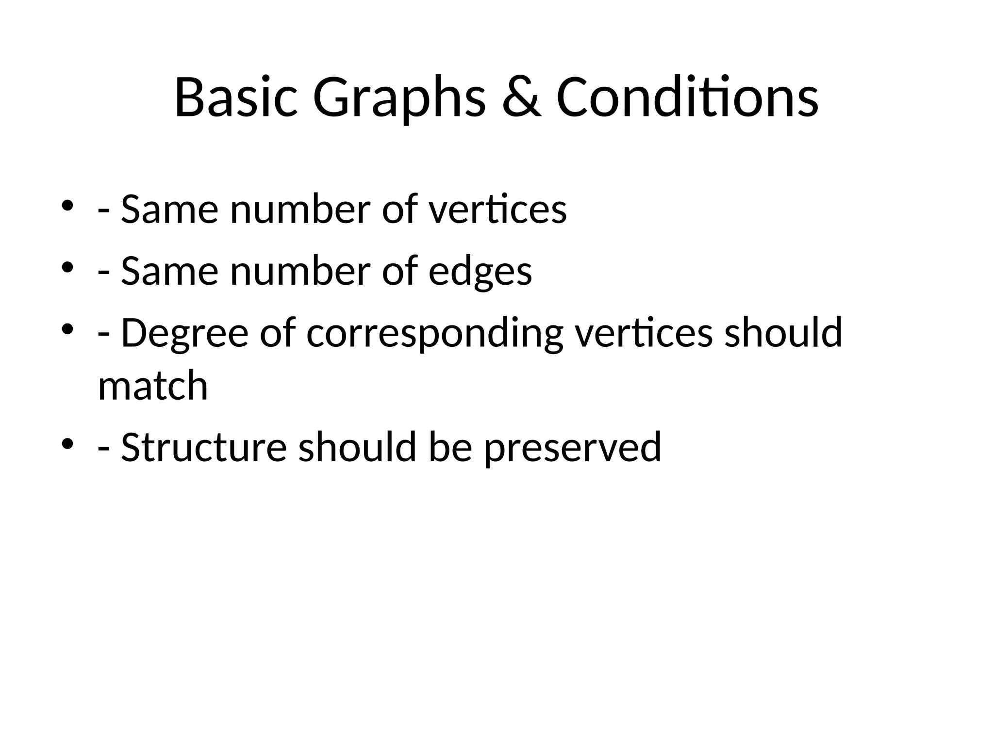 Basic Graphs & Conditions
• - Same number of vertices
• - Same number of edges
• - Degree of corresponding vertices should
match
• - Structure should be preserved
 