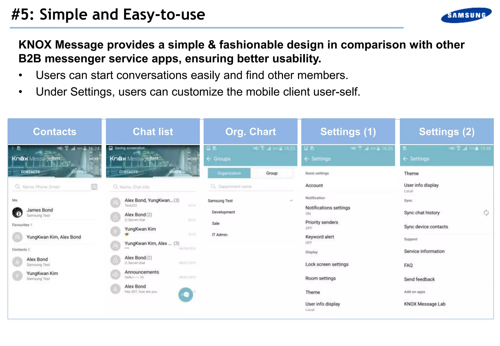 KNOX Message provides a simple & fashionable design in comparison with other
B2B messenger service apps, ensuring better usability.
• Users can start conversations easily and find other members.
• Under Settings, users can customize the mobile client user-self.
Contacts Chat list Org. Chart Settings (1) Settings (2)
#5: Simple and Easy-to-use
 