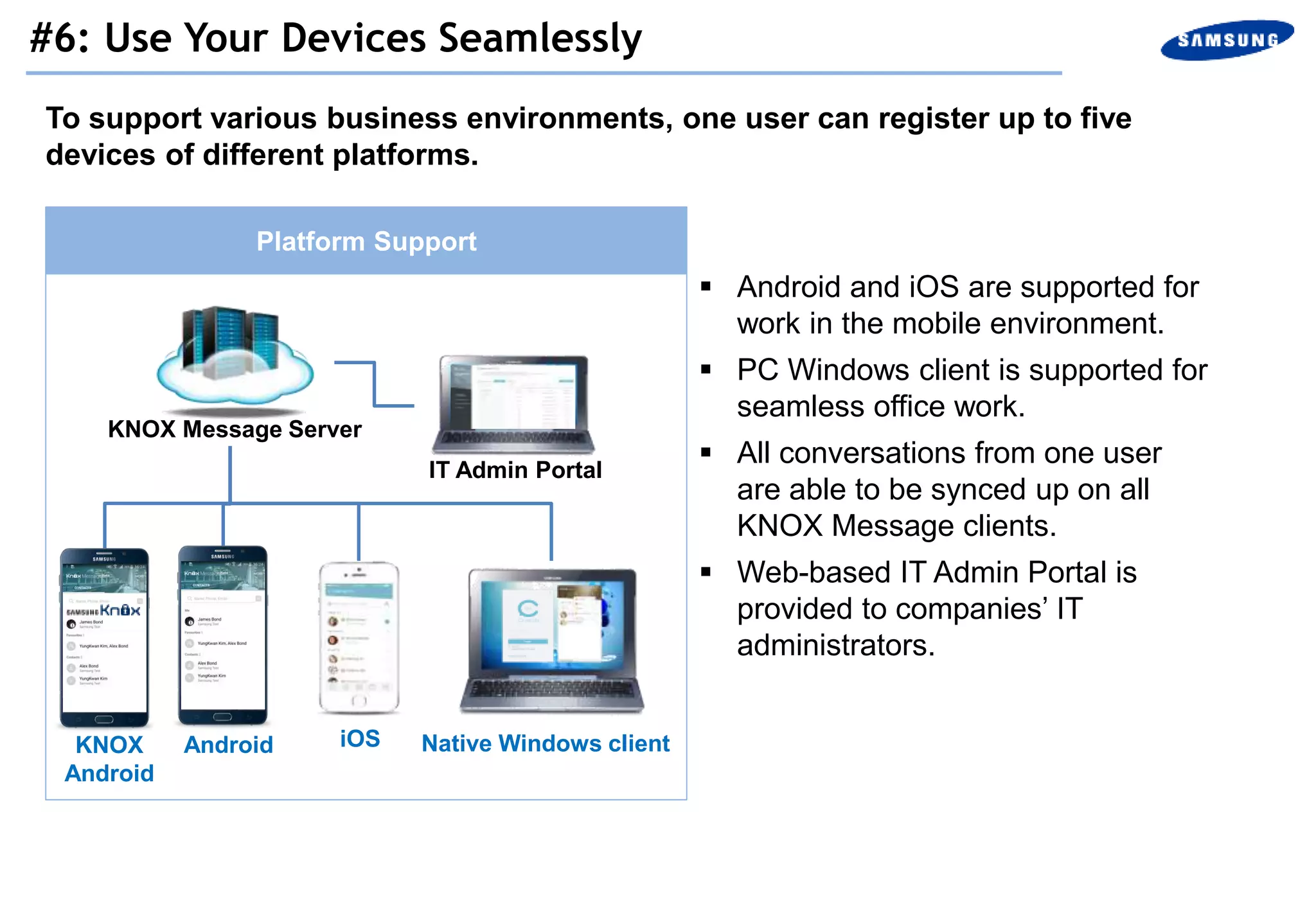 To support various business environments, one user can register up to five
devices of different platforms.
Platform Support
Android
KNOX Message Server
IT Admin Portal
Native Windows clientiOS
 Android and iOS are supported for
work in the mobile environment.
 PC Windows client is supported for
seamless office work.
 All conversations from one user
are able to be synced up on all
KNOX Message clients.
 Web-based IT Admin Portal is
provided to companies’ IT
administrators.
KNOX
Android
#6: Use Your Devices Seamlessly
 
