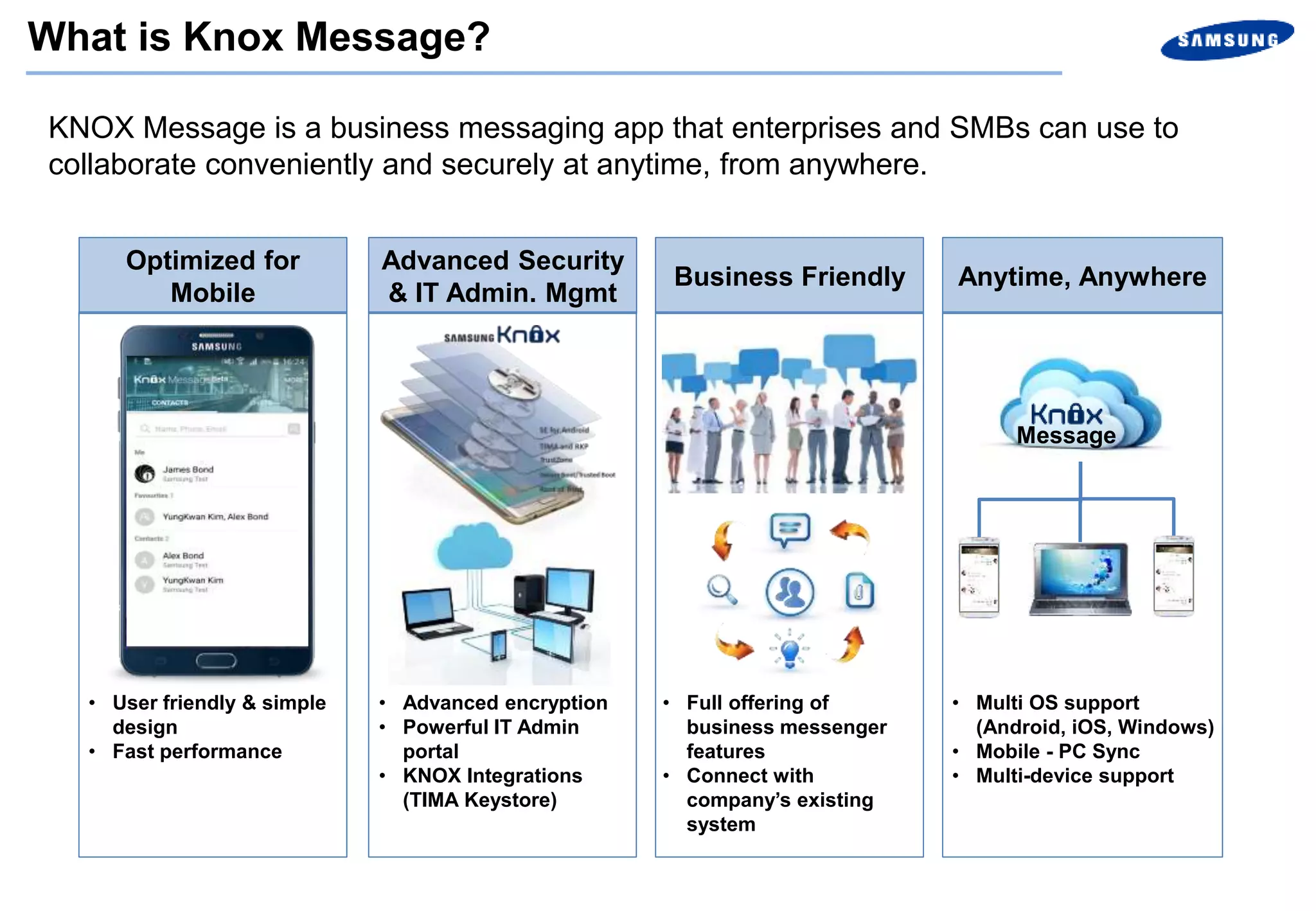 KNOX Message is a business messaging app that enterprises and SMBs can use to
collaborate conveniently and securely at anytime, from anywhere.
Optimized for
Mobile
Advanced Security
& IT Admin. Mgmt
Business Friendly Anytime, Anywhere
• User friendly & simple
design
• Fast performance
• Advanced encryption
• Powerful IT Admin
portal
• KNOX Integrations
(TIMA Keystore)
• Multi OS support
(Android, iOS, Windows)
• Mobile - PC Sync
• Multi-device support
Message
• Full offering of
business messenger
features
• Connect with
company’s existing
system
What is Knox Message?
 